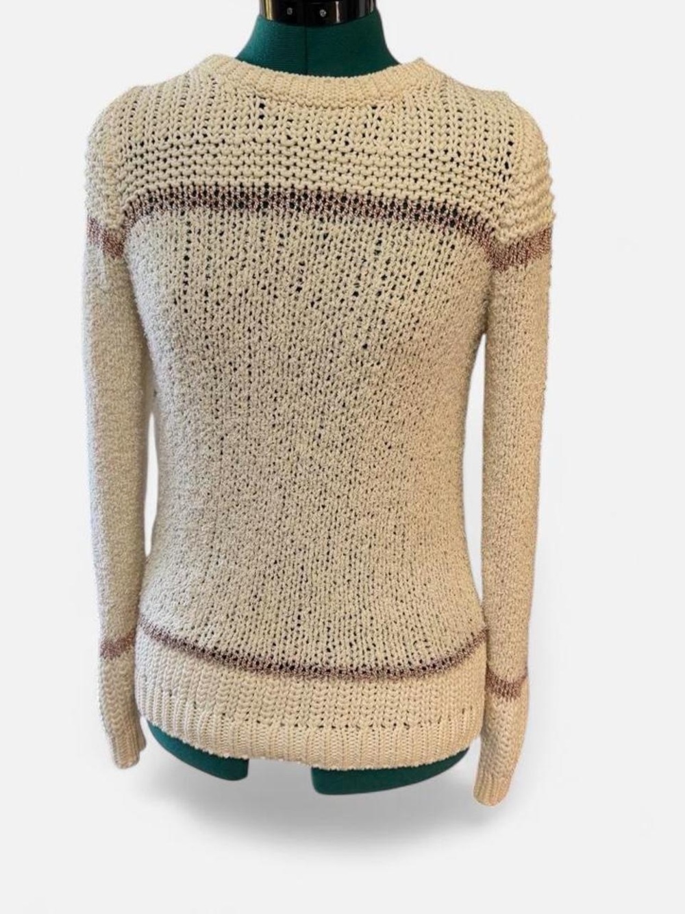 LOFT Cream Open-Weave Crewneck Sweater with Brown Stripe